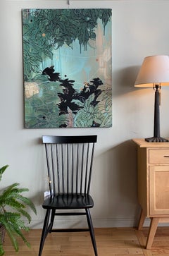 "Livia's Garden", oil, acrylic, painting, wallpaper, turquoise, flowers, green