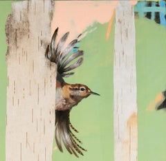 "Looking for Wrens Again", oil, acrylic, painting, bird, green, blue, peach