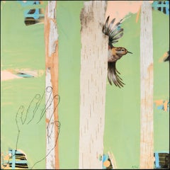 "Looking for Wrens Again", oil, acrylic, painting, bird, green, blue, peach