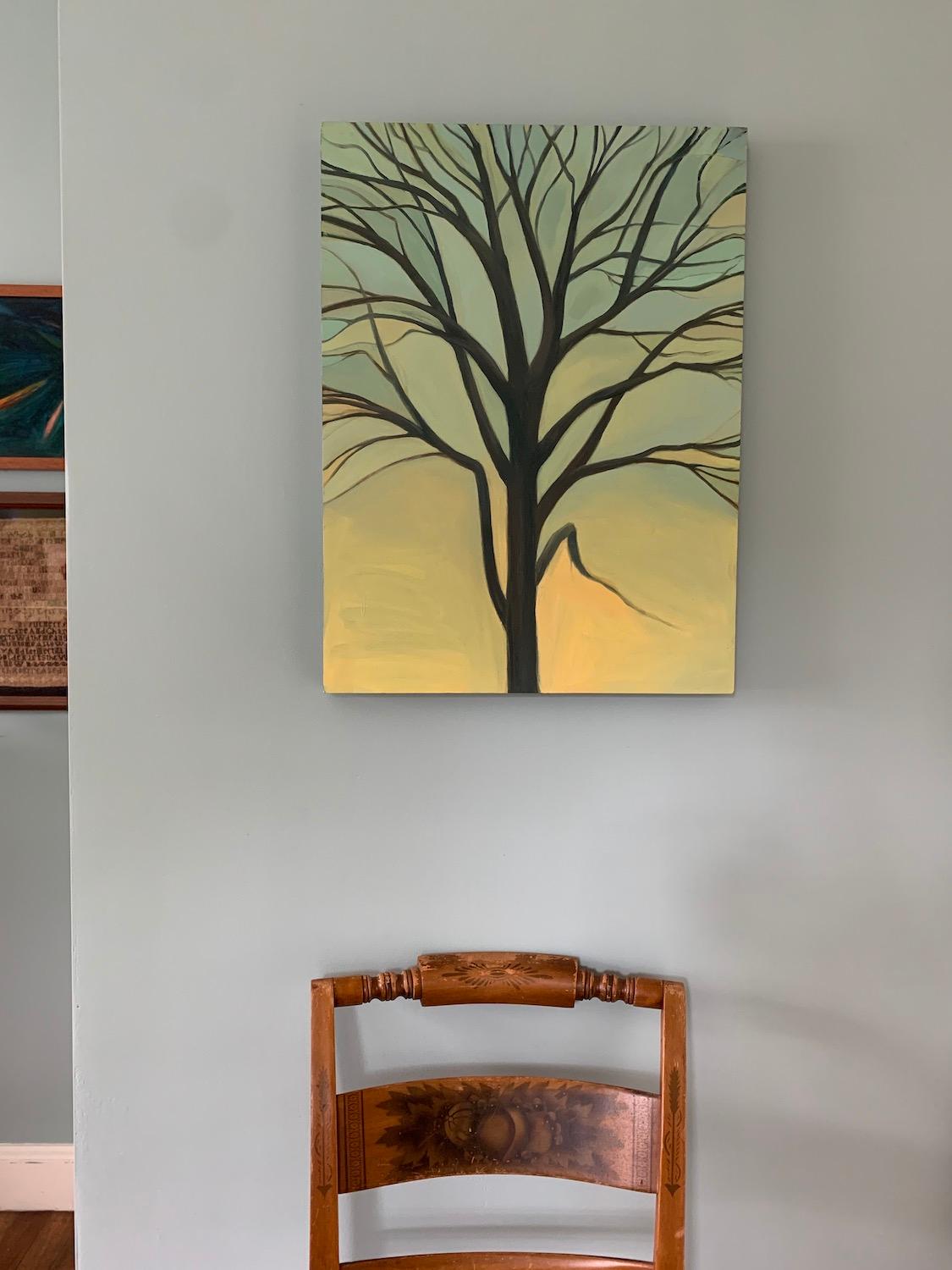 « Maple in Yellow Sky », huile, peinture, arbre, gris, brun, sarcelle - Contemporain Painting par Anne Sargent Walker
