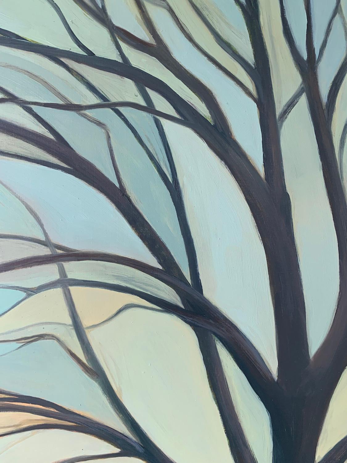« Maple in Yellow Sky », huile, peinture, arbre, gris, brun, sarcelle en vente 1