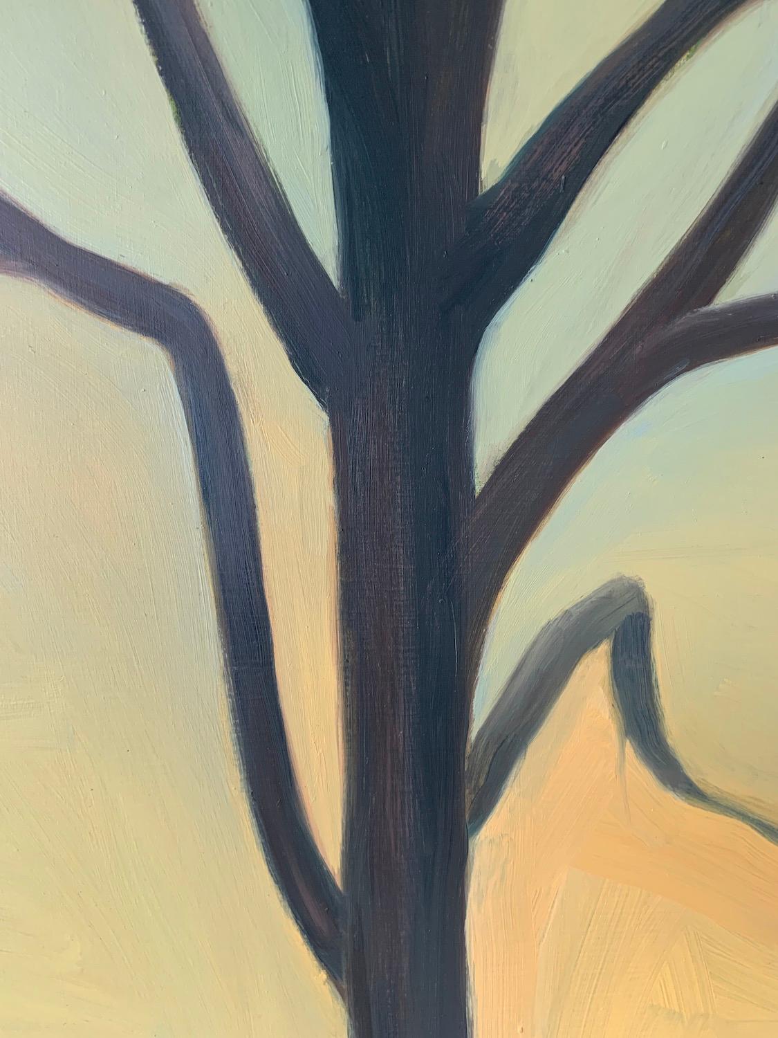 « Maple in Yellow Sky », huile, peinture, arbre, gris, brun, sarcelle en vente 2