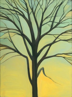 "Maple in Yellow Sky", oil, painting, tree, gray, brown, teal