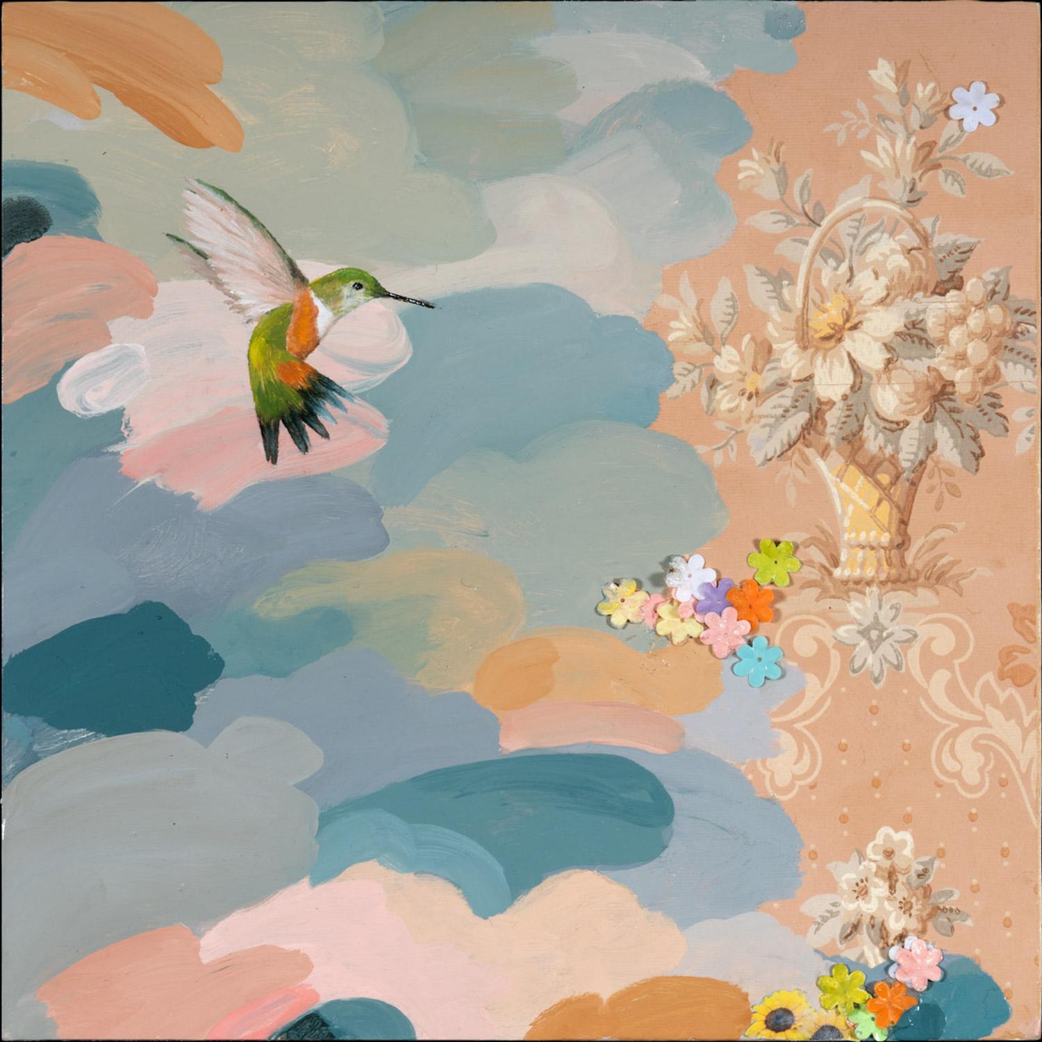 Anne Sargent Walker Animal Painting - "Pink Room", hummingbird, flowers, gold, blue, gray, cream, mixed media