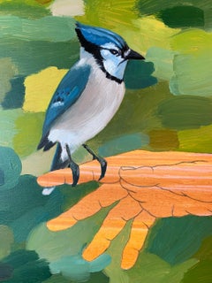 « Promises », huile, acrylique, crayon, jaune bleu, main, vert