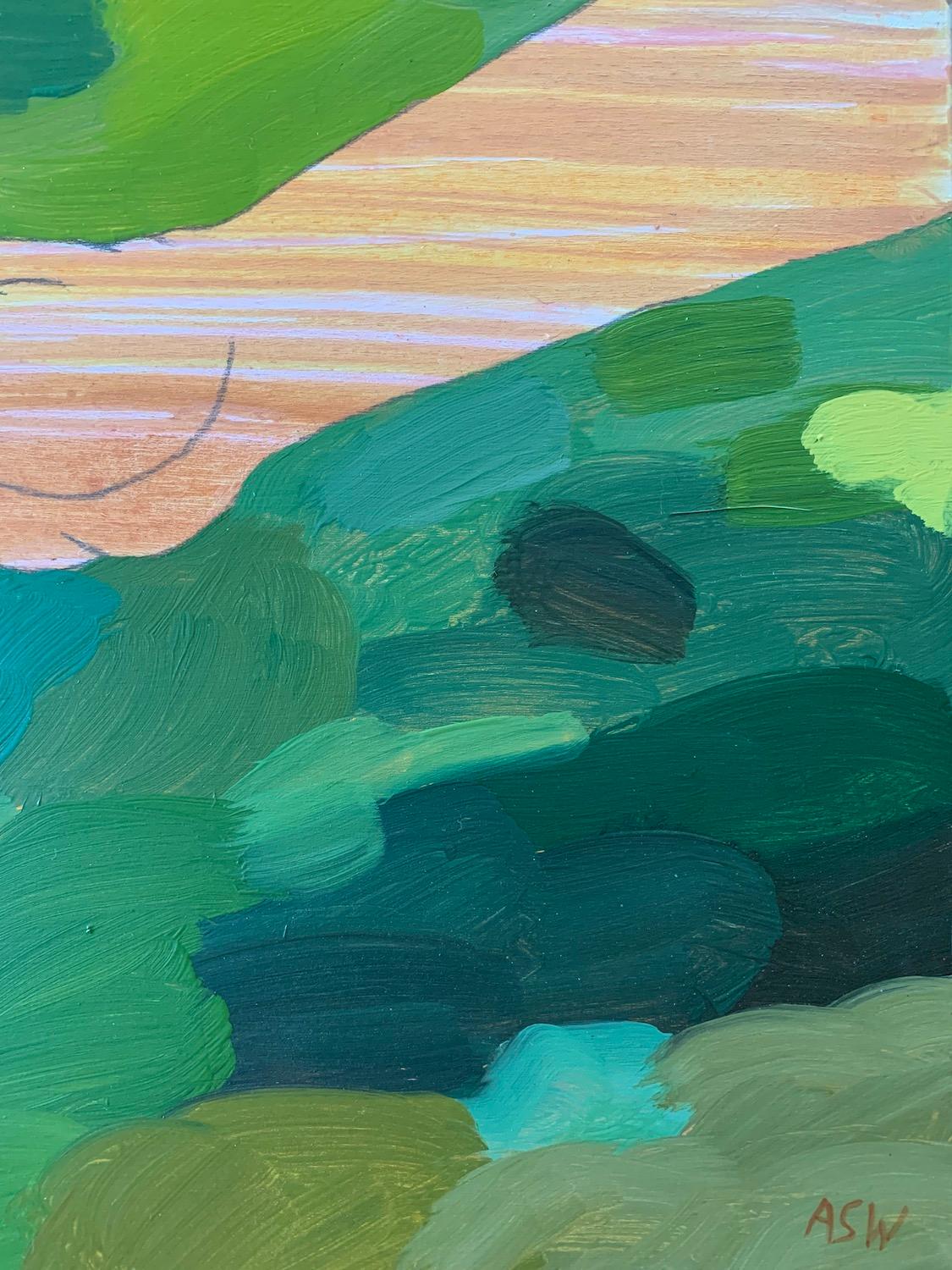 „Promises“, Öl, Acryl, Bleistift, blauer Jay, Hand, Grün (Zeitgenössisch), Painting, von Anne Sargent Walker