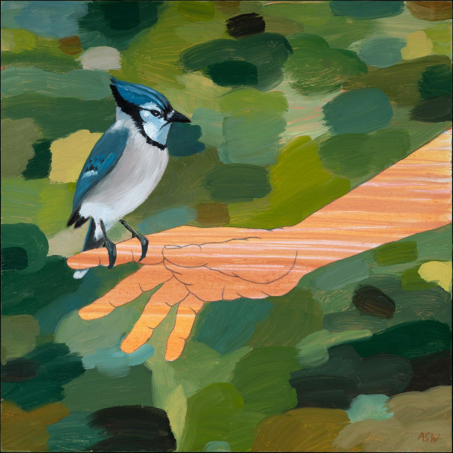 Anne Sargent Walker Animal Painting - "Promises", oil, acrylic, pencil, blue jay, hand, green