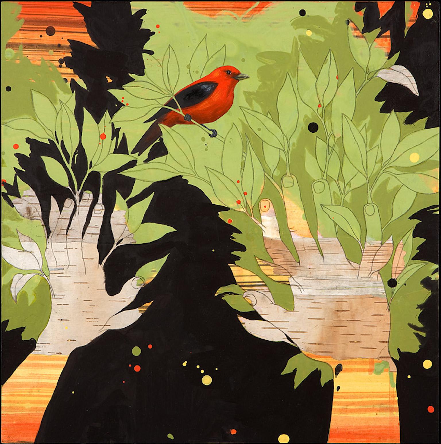 "Refuge", contemporary, bird, black, red, acrylic, oil, graphite, painting  - Mixed Media Art by Anne Sargent Walker