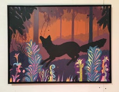 "Running Fox", Landscape, Forest, Trees, Orange, Purple, Acrylic Painting