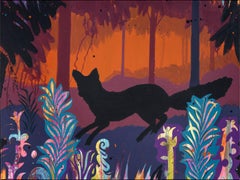 "Running Fox", acrylic painting, landscape, forest, trees, orange, black, purple