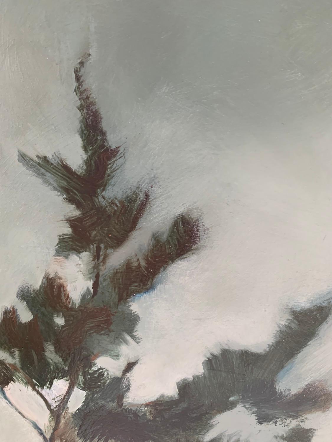 « Space Between », huile, acrylique, peinture, evergreens, arbre, gris, bleus - Gris Landscape Painting par Anne Sargent Walker