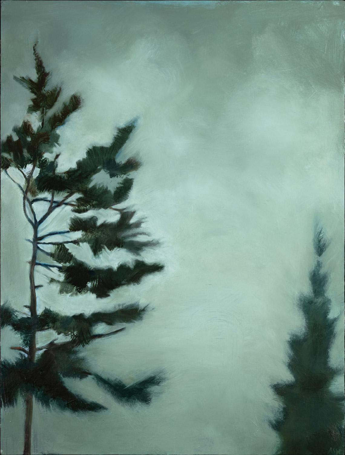 "Space Between", oil, acrylic, painting, evergreens, tree, grays, blues