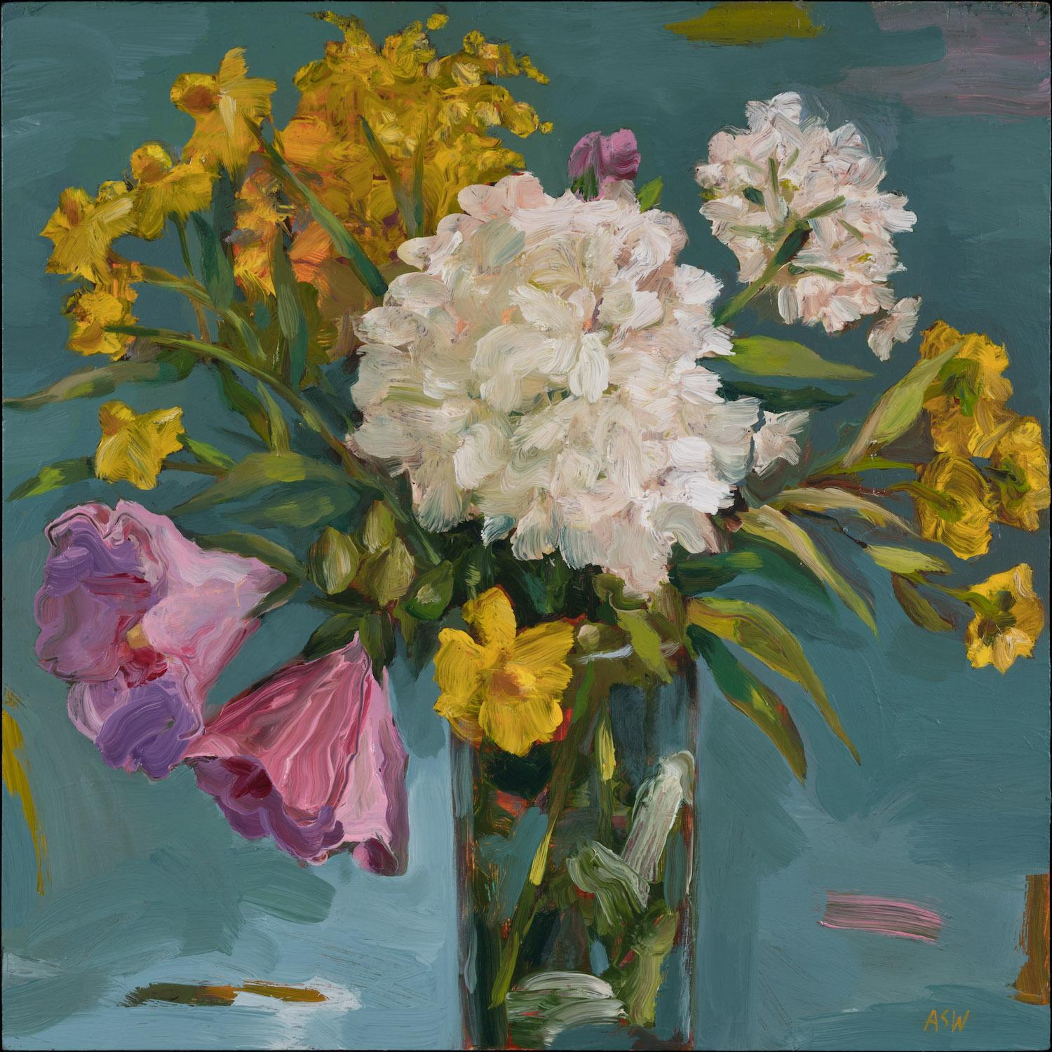 "Summer Flowers - Hydrangea", oil painting, pink, yellow, white, green, blue