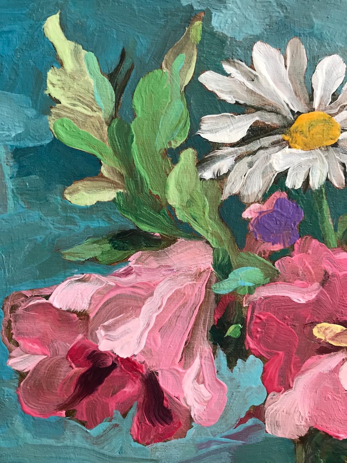 „Sommerblumen“, Stillleben, Blüten, rosa, weiß, grün, blau, Ölgemälde – Painting von Anne Sargent Walker