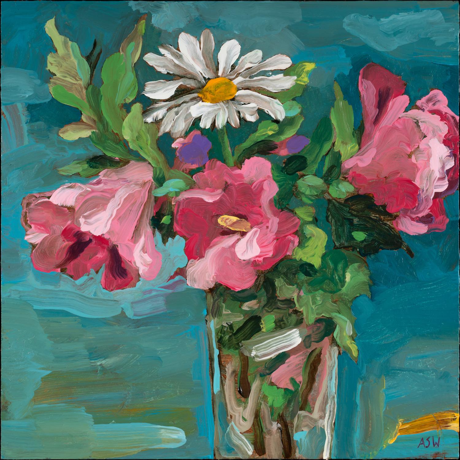 "Summer Flowers", still life, blossoms, pink, white, greens, blue, oil painting