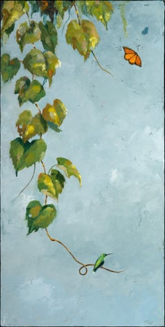 "Time to Go", oil, painting, vine, blue, green, gold, butterfly, Japanese, bird