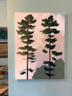 "Two Very Tall Pines", Contemporary Landscape, Trees, Green, Pink, Oil Painting