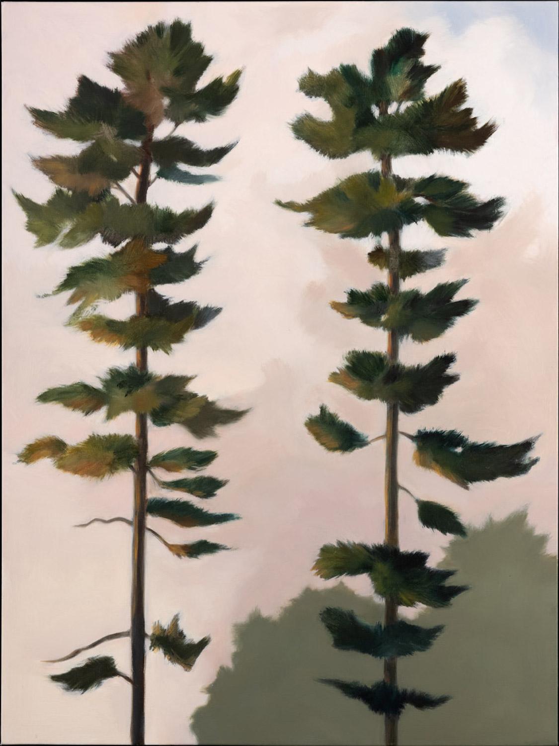 "Two Very Tall Pines", oil painting, landscape, blue, green, gold, pink - Painting by Anne Sargent Walker