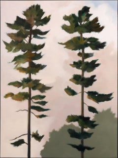 "Two Very Tall Pines", oil painting, landscape, blue, green, gold, pink