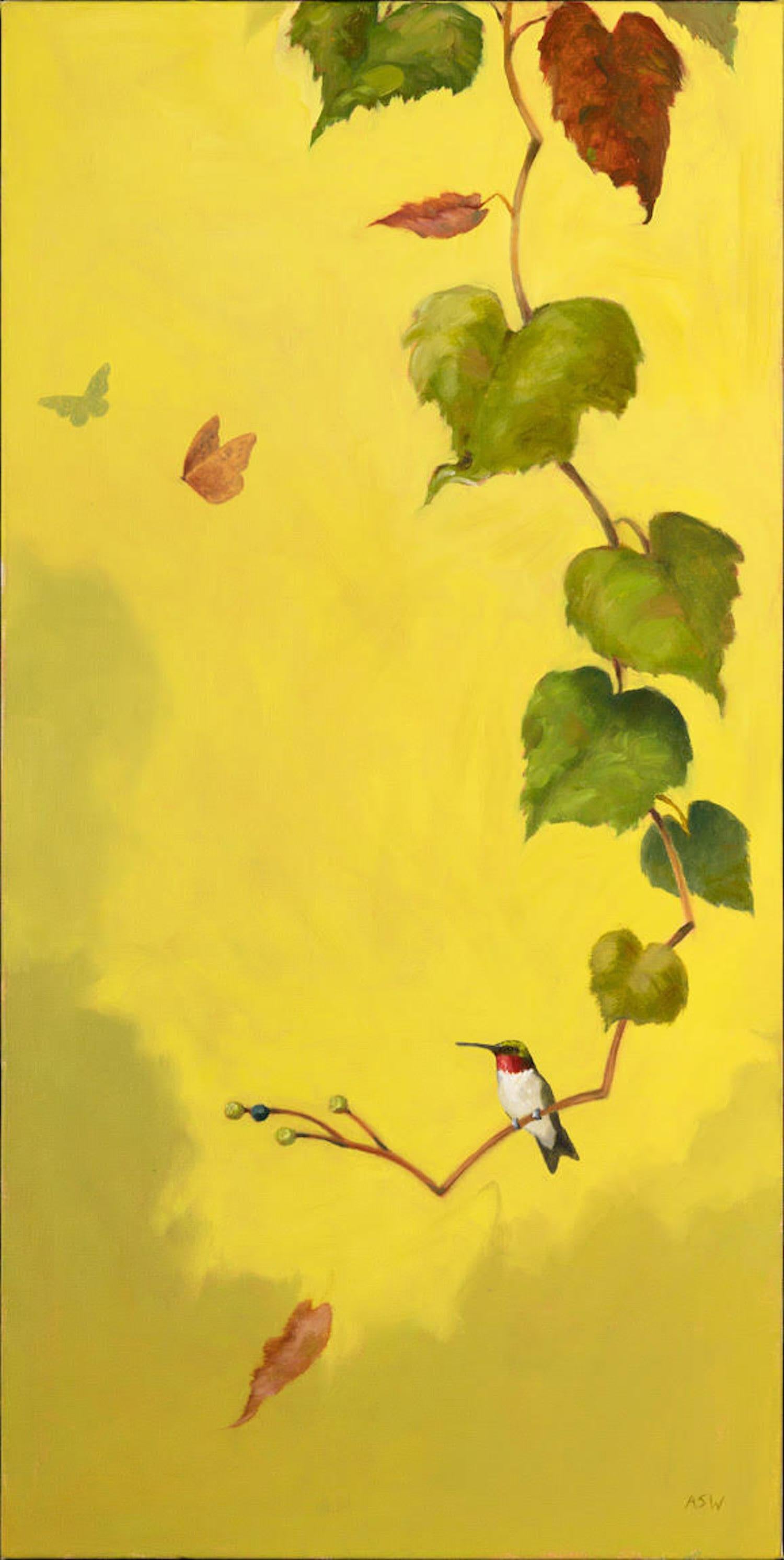 "Automne chaud", Contemporary, Colibri, Oiseau, Vigne, Jaune, Peinture à l'huile, 2022