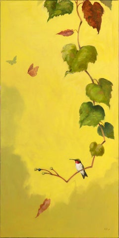 "Warm Fall", Contemporary, Hummingbird, Bird, Vine, Yellow, Oil Painting, 2022