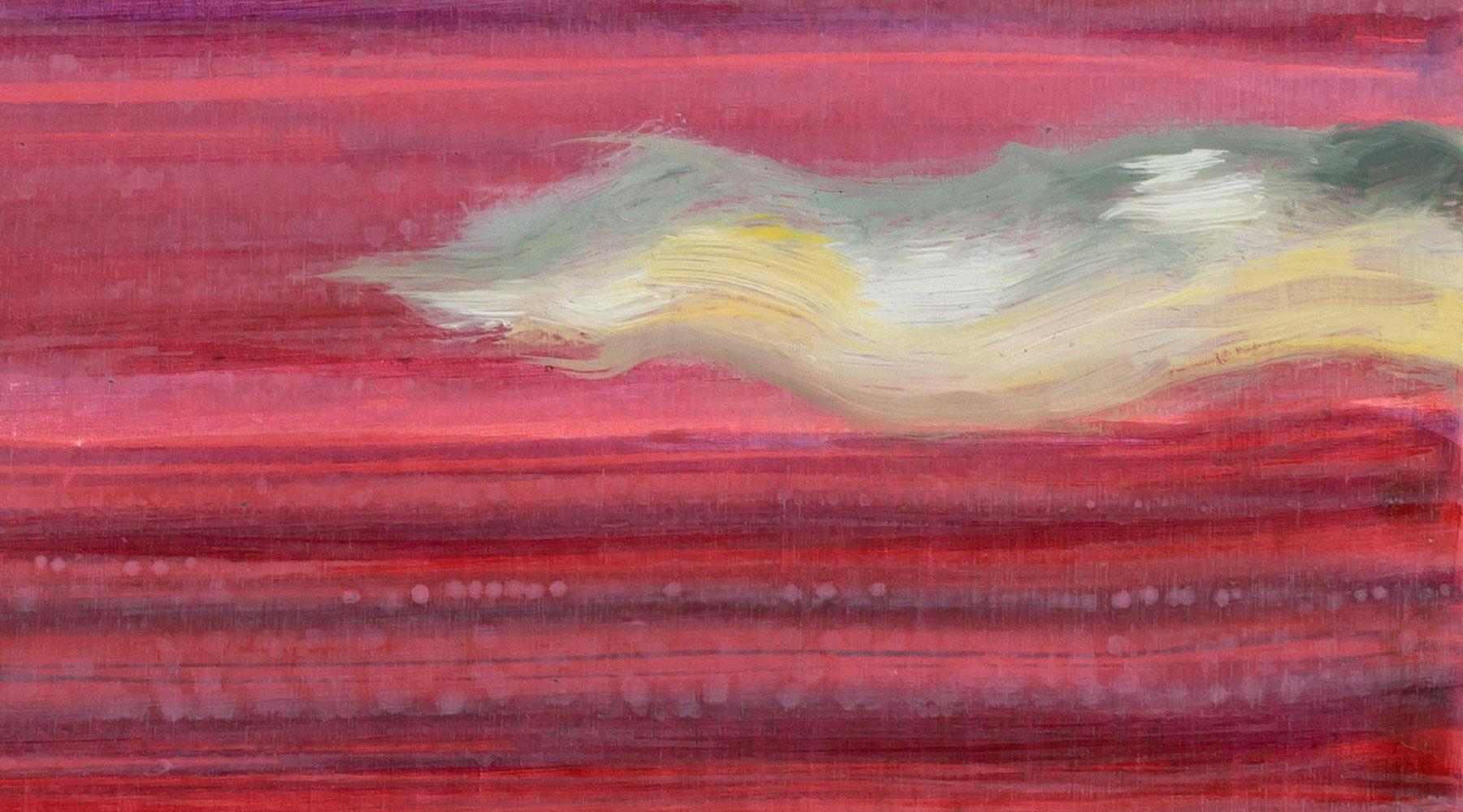 Anne Sargent Walker’s oil and acrylic painting, “Where To?”, depicts five beautifully rendered birds in flight, against a pinky red sky. The streaky sky darkens as it lowers towards the horizon and small clouds share the sky with the birds. This