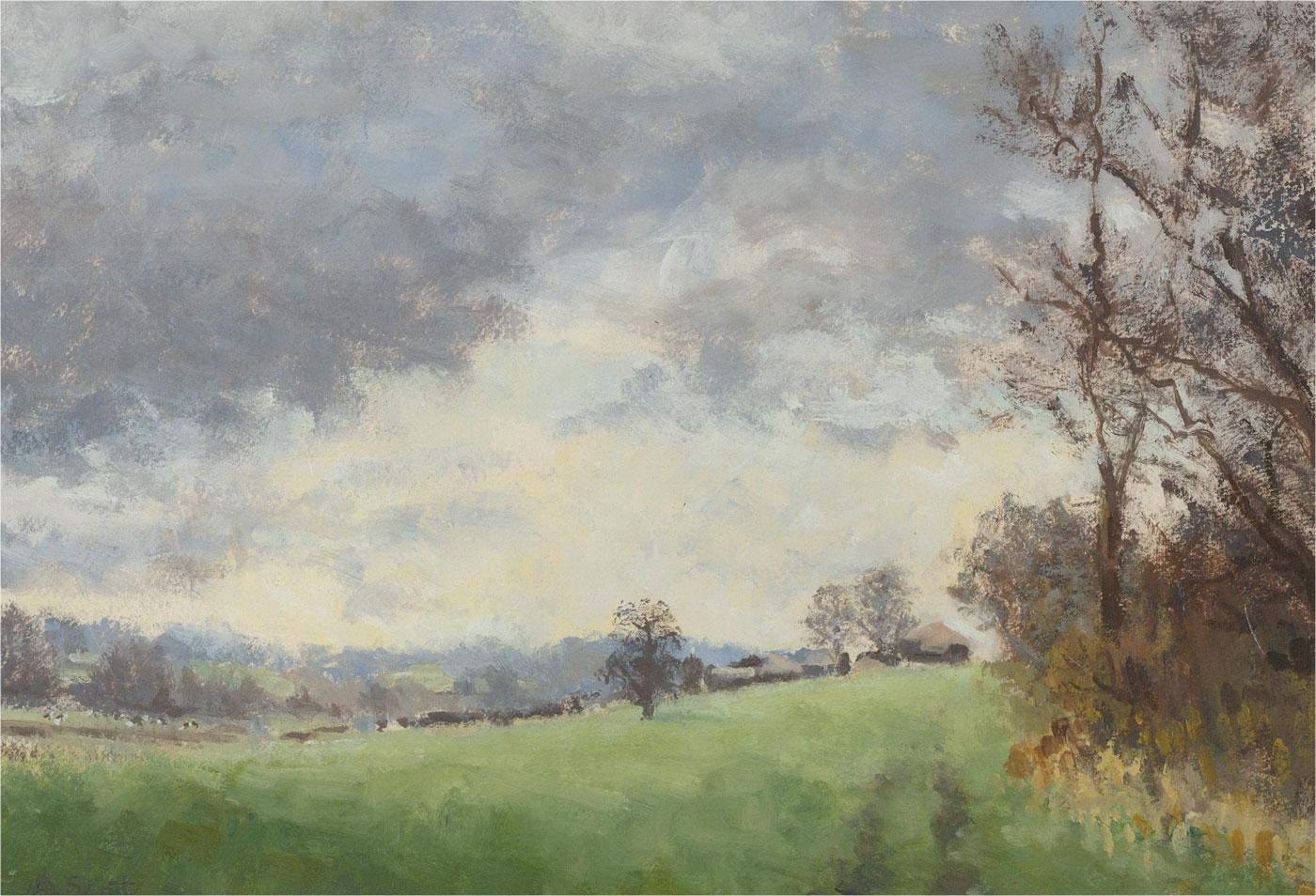 An attractive oil painting by Anne Scott, depicting a rural scene in Devizes, Wiltshire. Signed to the lower left-hand corner. There is a label on the reverse inscribed with the artist's name and location. Presented in a double card mount and in a