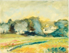 Virginia Hill Pintura al óleo de paisajes abstractos firmada por una mujer modernista estadounidense