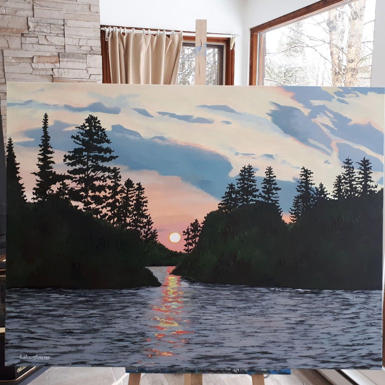 Anne Shaughnessy Lake Sunset, Painting, Acrylic on Canvas For Sale at