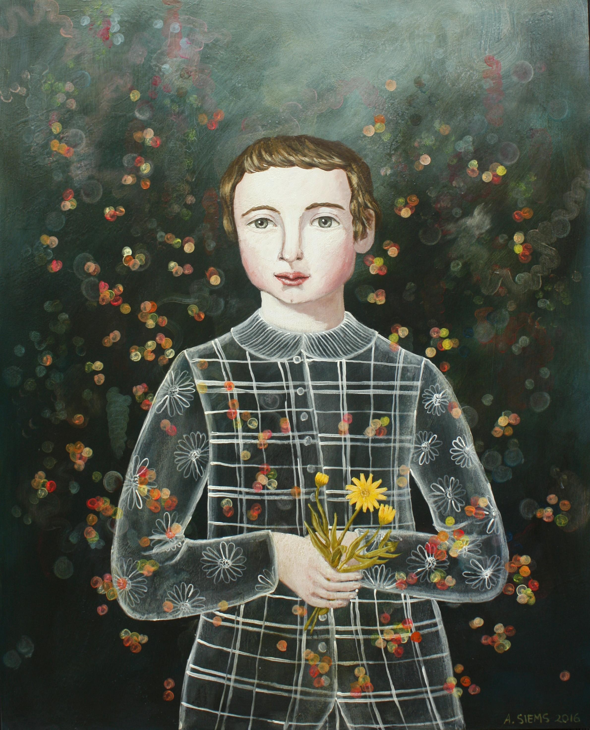 "Boy with Calen" by Anne Siems, Surreal figurative painting, boy with flowers