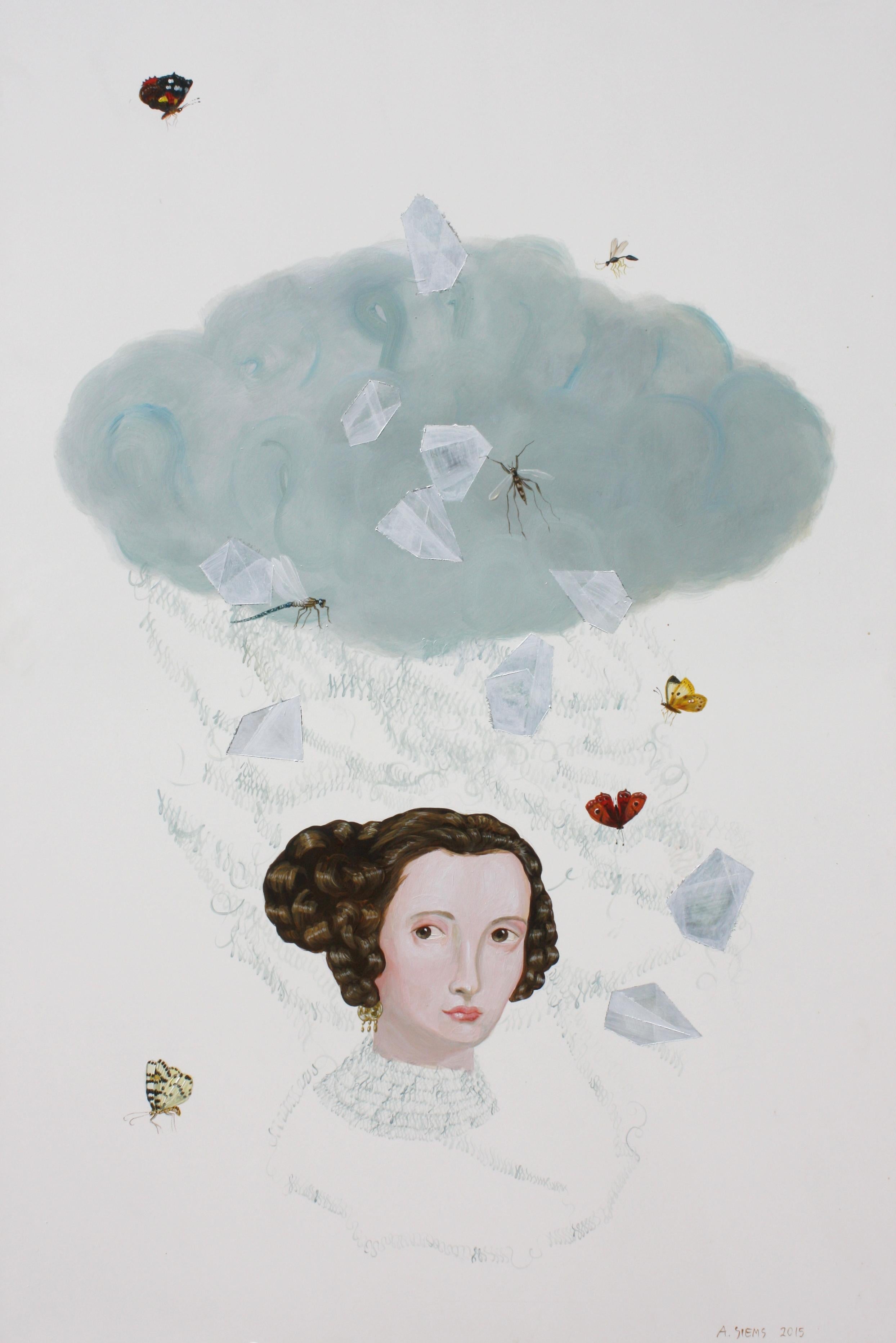 Peinture avec portrait de femme en cristal de nuage d'Anne Siems, sur panneau d'argile blanche