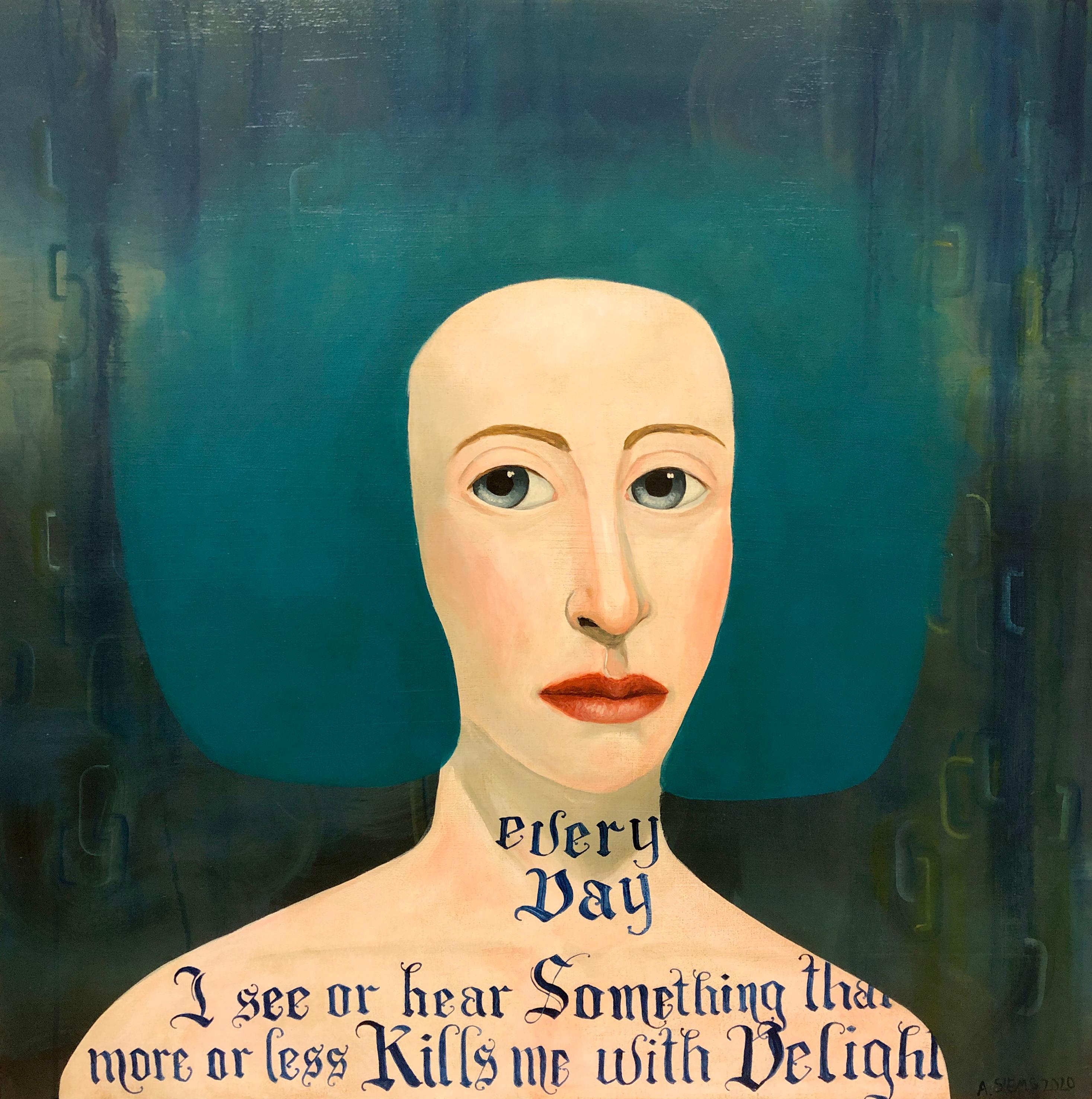 Every Day, Zeitgenössisches Porträt mit poetischen, handgeschriebenen Wörtern, grüne Farbpalette im Angebot 6