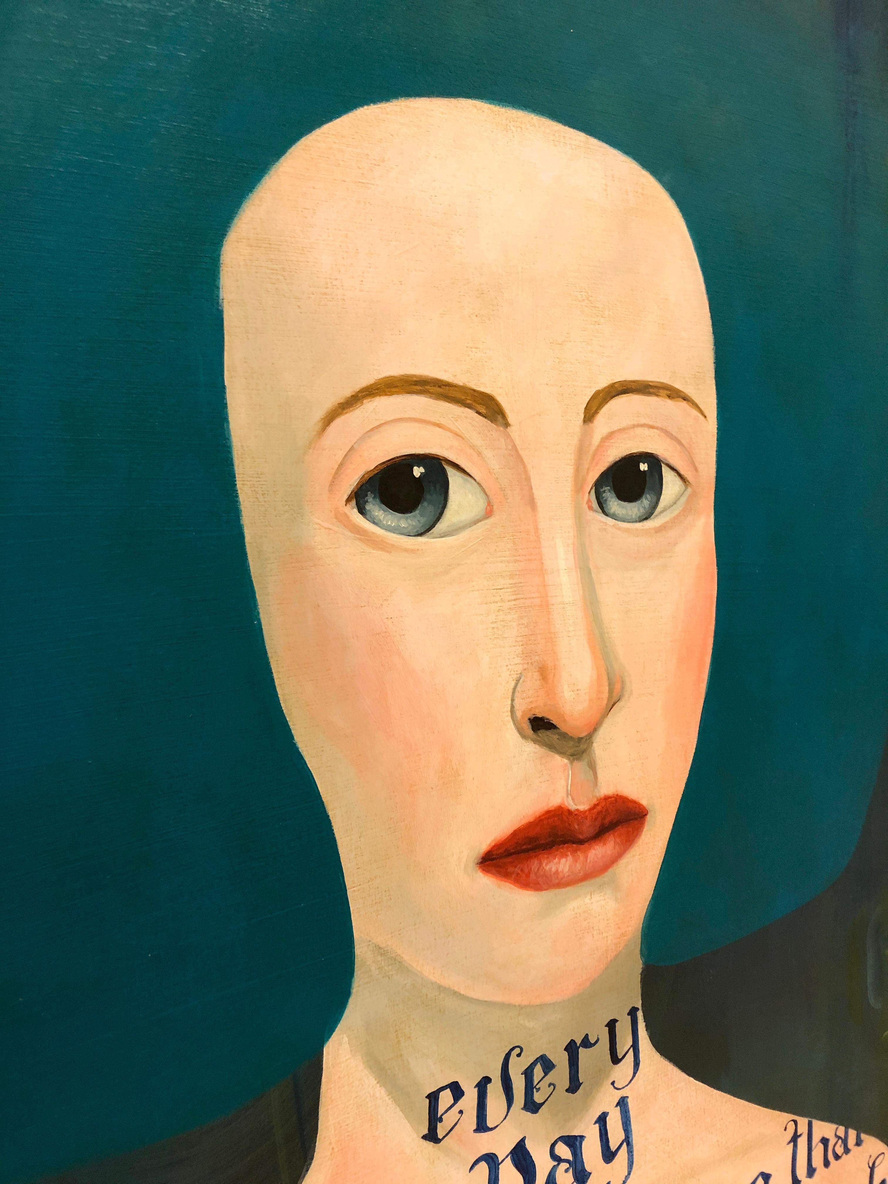 Jeden Tag (grüner Hintergrund)
Acryl auf Holzplatte
36 × 36 Zoll  91 × 91 cm

Anne Siems' Every Day ist ein eindringliches, poetisches Porträt, das emotionale Verletzlichkeit mit stiller Widerstandsfähigkeit verbindet. Vor einem tiefgrünen,