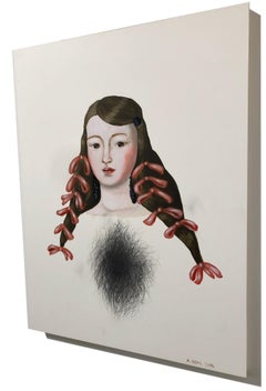 "Face 3" di Anne Siems, dipinto con ritratto femminile, su pannello di argilla bianca