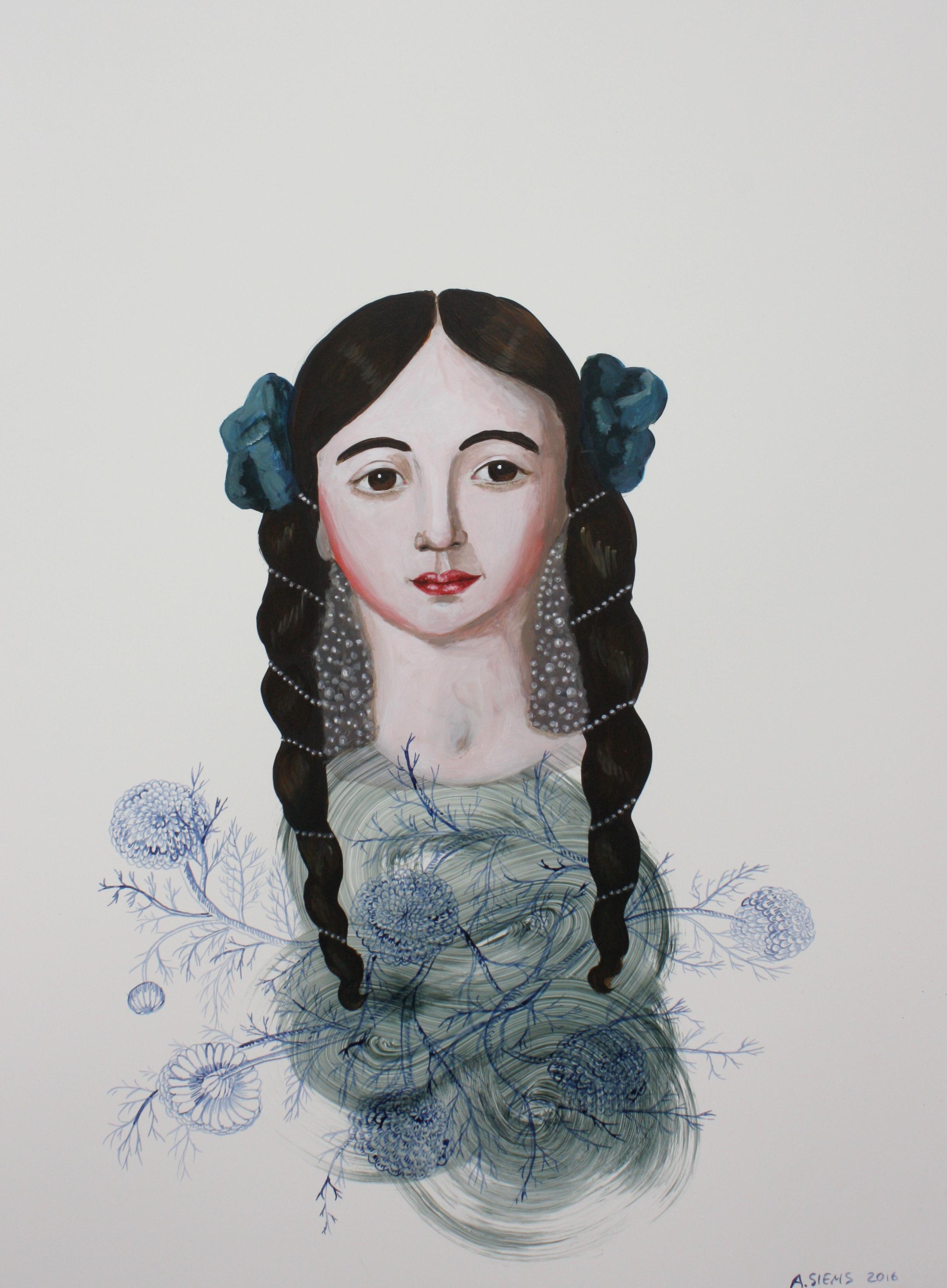 « Face 5 » d'Anne Siems, peinture représentant un portrait de femme, sur panneau d'argile blanche