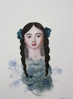 „Face 5“ von Anne Siems, Gemälde mit weiblichem Porträt, auf weißer Tonplatte
