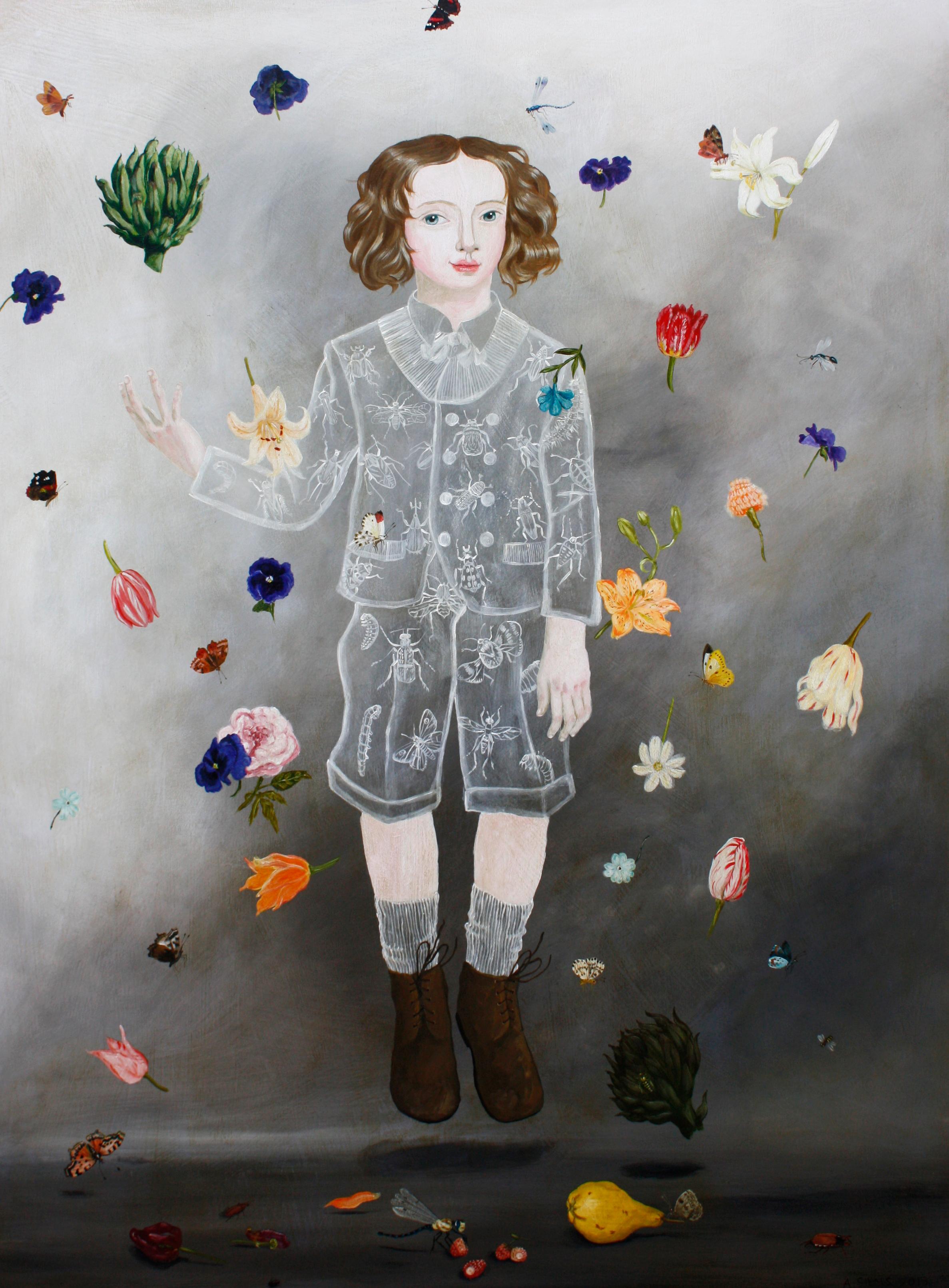 "Flowers and Insects" by Anne Siems, is a captivating figurative-narrative painting featuring a young boy, with an 18th century feel. He is floating and surrounded by colorful flowers and insects.

ANNE SIEMS
(b. 1965, Germany)

Artist Statement
I