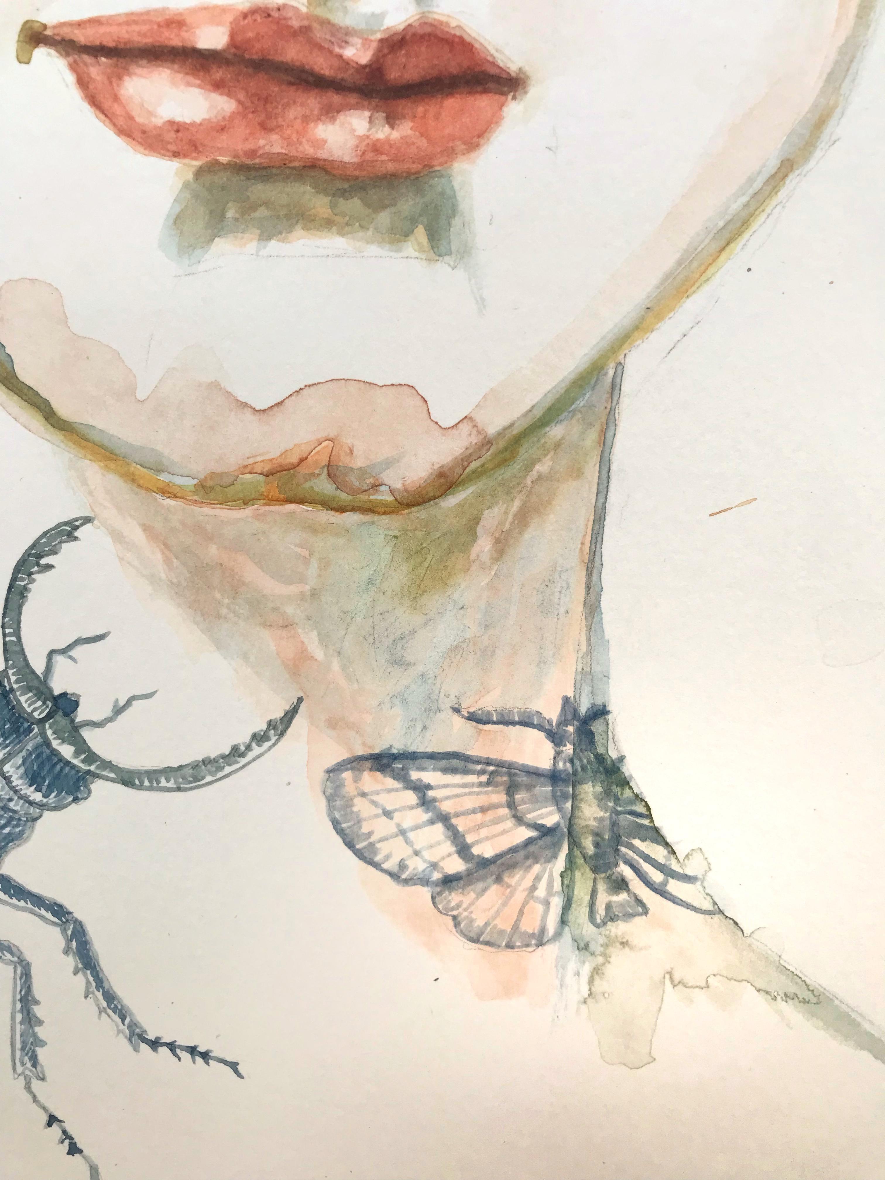 Blumen und Insekten - Arbeit auf Papier von weiblichen Porträt mit Tätowierungen, Tiere – Painting von Anne Siems