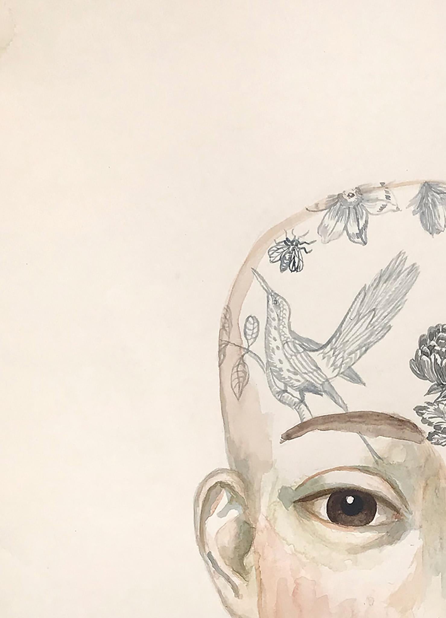 Blumen und Insekten - Arbeit auf Papier von weiblichen Porträt mit Tätowierungen, Tiere (Weiß), Figurative Painting, von Anne Siems