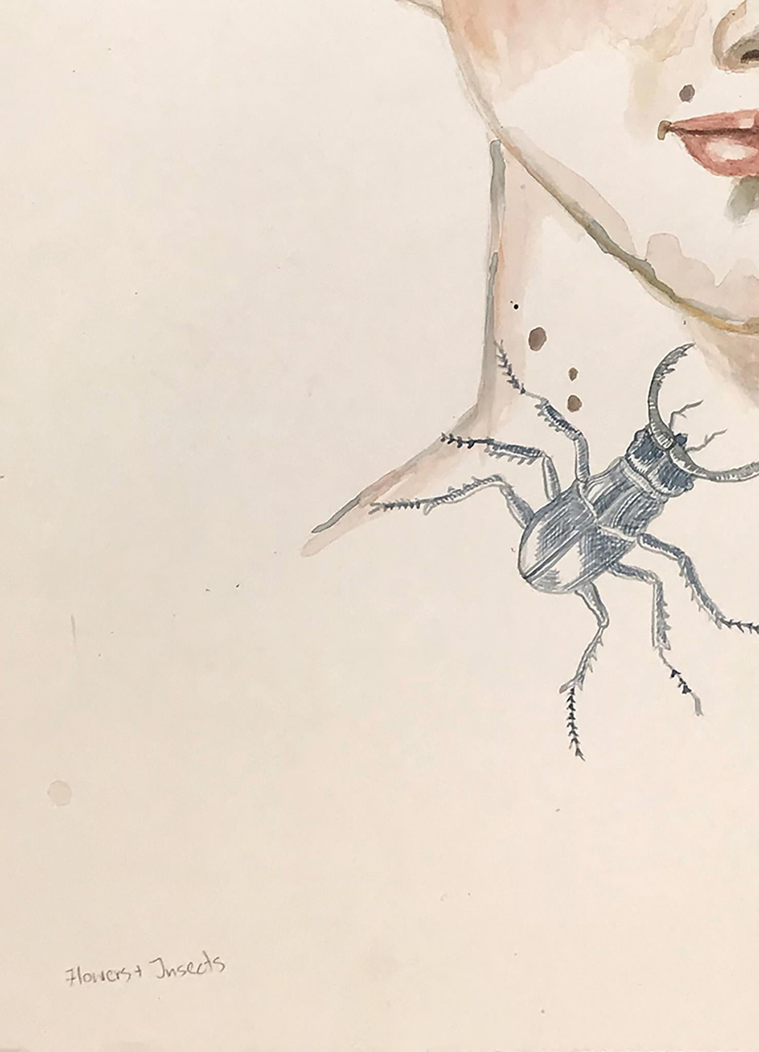 Blumen und Insekten - Arbeit auf Papier von weiblichen Porträt mit Tätowierungen, Tiere im Angebot 1