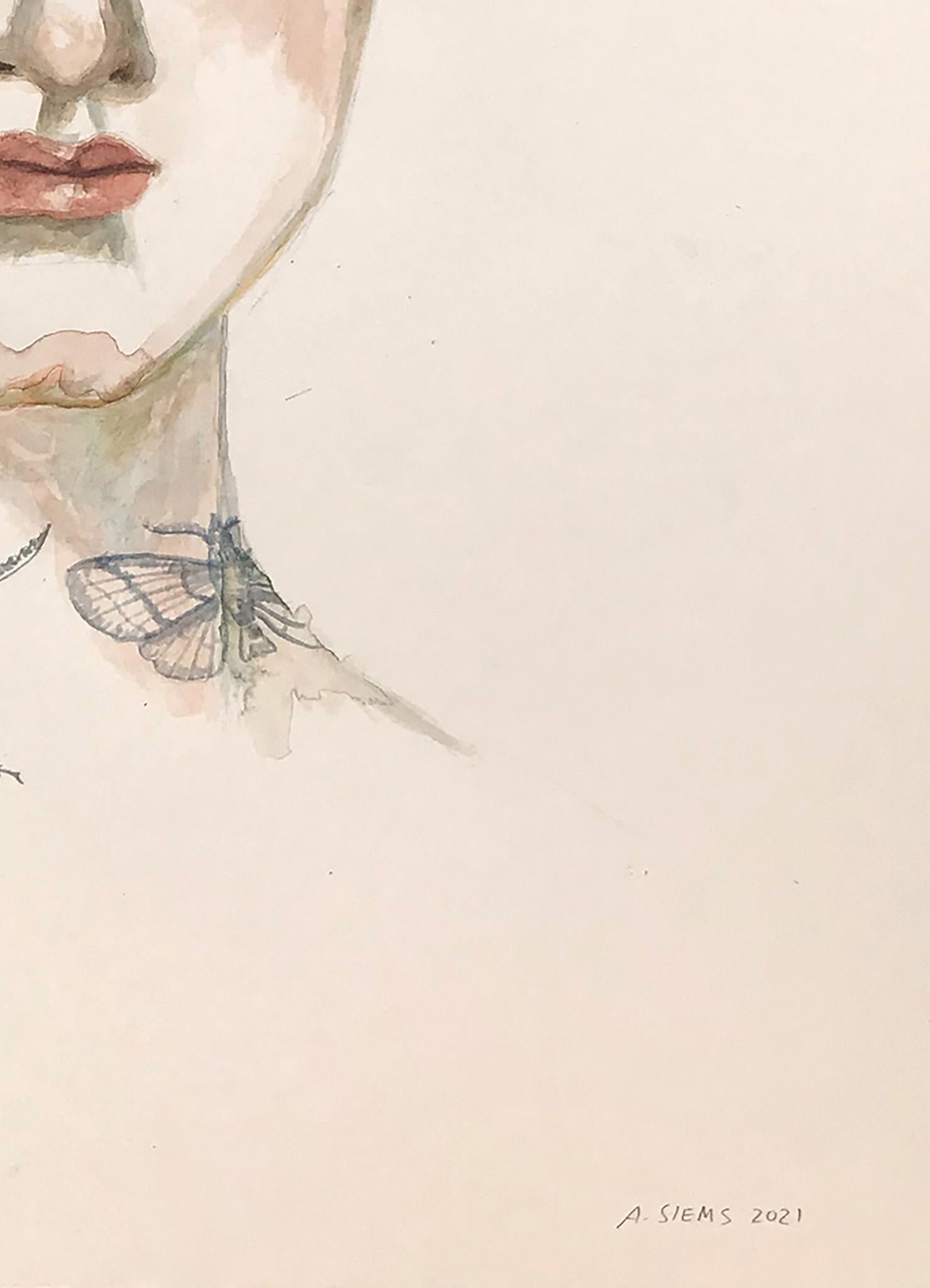 Blumen und Insekten - Arbeit auf Papier von weiblichen Porträt mit Tätowierungen, Tiere im Angebot 2