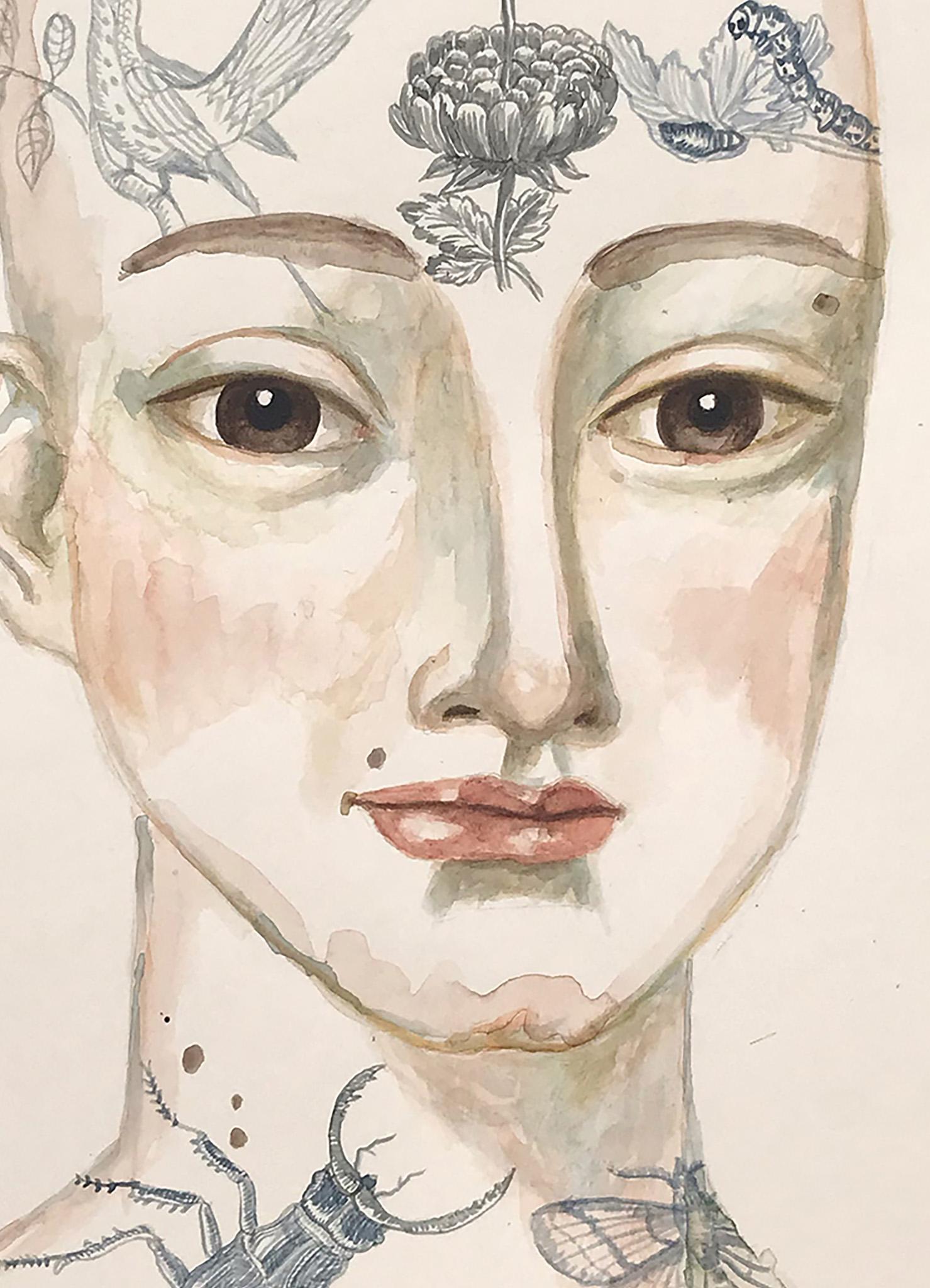 Blumen und Insekten - Arbeit auf Papier von weiblichen Porträt mit Tätowierungen, Tiere im Angebot 3