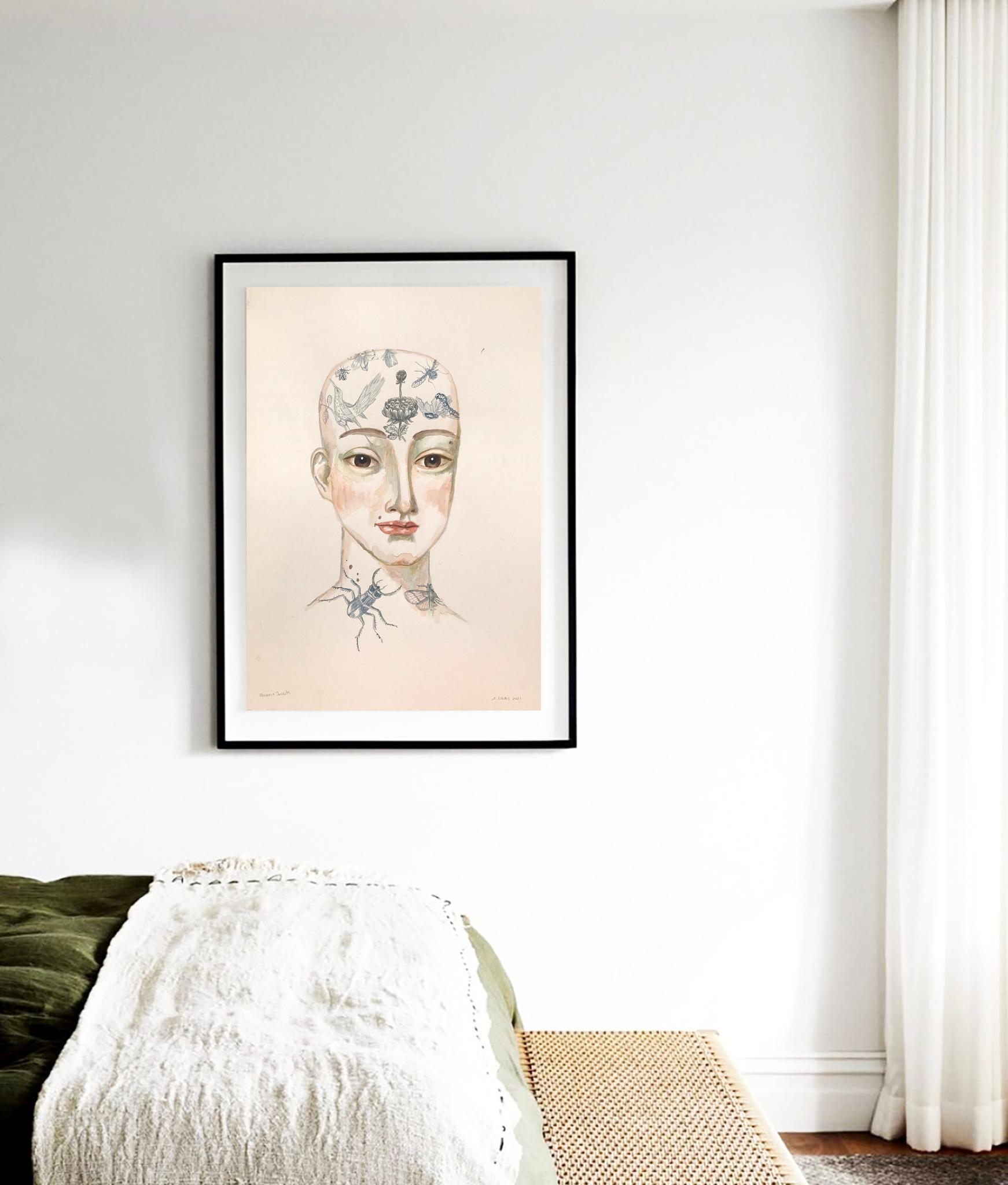 Blumen und Insekten - Arbeit auf Papier von weiblichen Porträt mit Tätowierungen, Tiere im Angebot 4