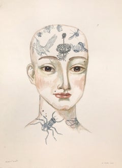 Flowers and Insects - Work on paper of female portrait with tattoos, animals