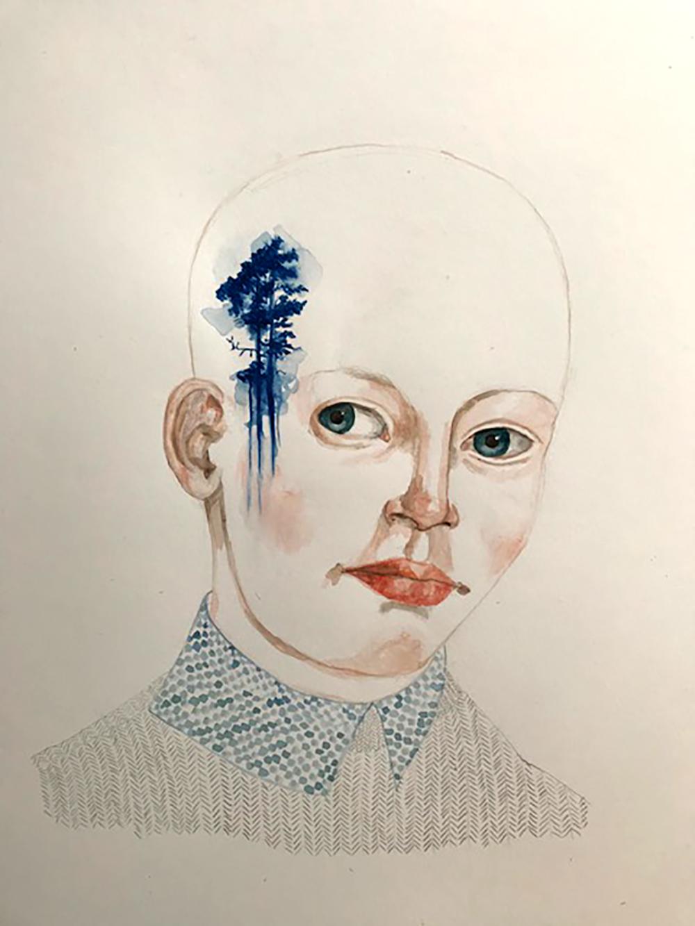 Amante del bosque II de Anne Siems, pintura Retrato con dibujo de tatuaje, sobre papel