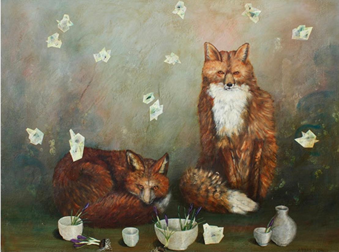Anne Siems Animal Painting - Foxes and Bowl
