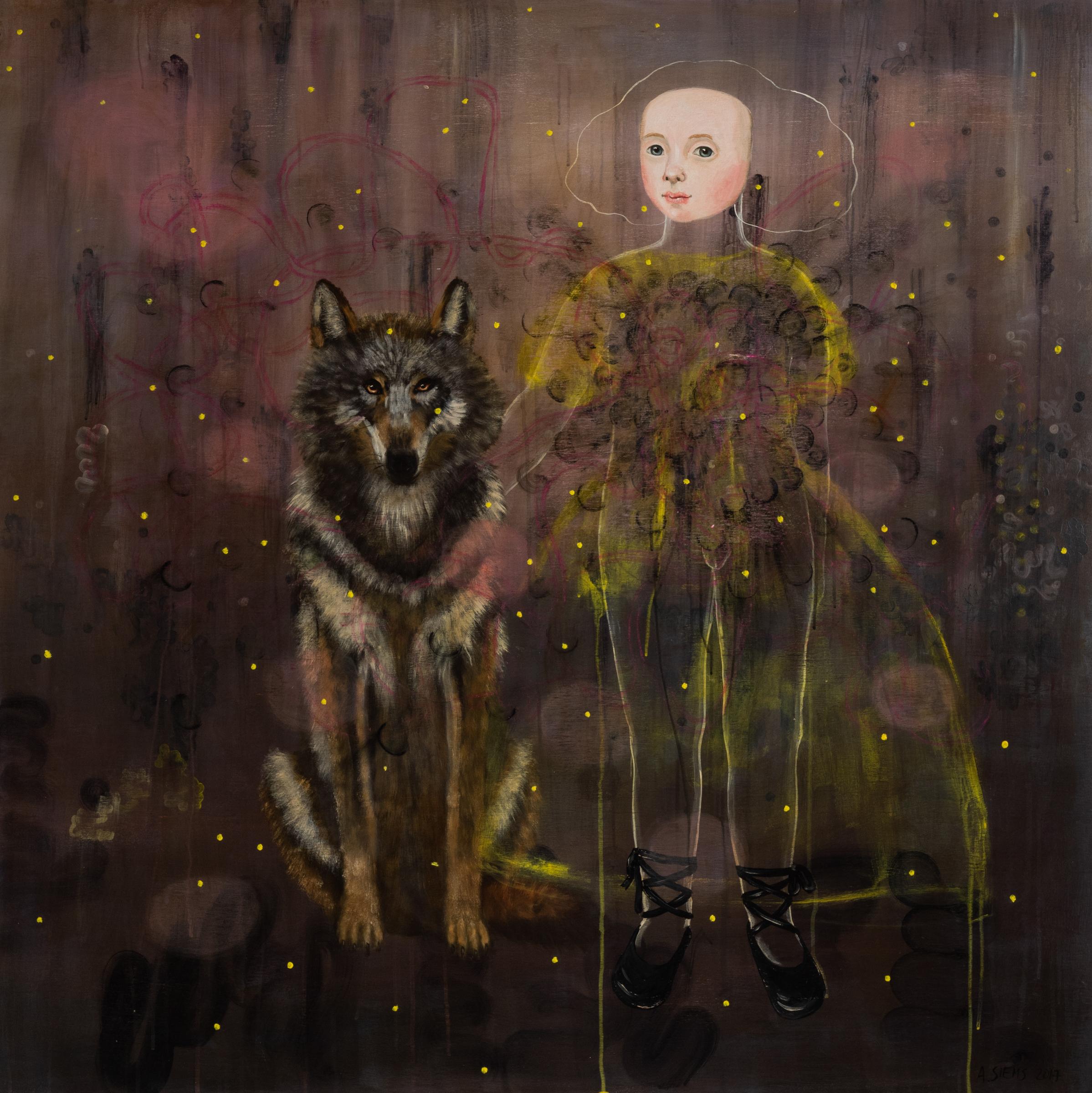 Anne Siems Figurative Painting - Girl and Wolf