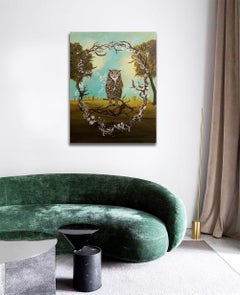 « Great Horned Owl » d'Anne Siems, peinture figurative, hibou dans un paysage forestier