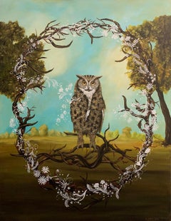 « Great Horned Owl » d'Anne Siems, peinture figurative, hibou dans un paysage forestier 