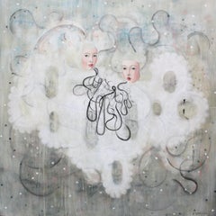 "Language" by Anne Siems, square painting, two whimsical women, neutral tones
